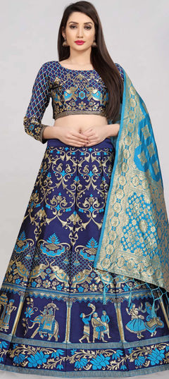 Blue color Lehenga in Banarasi Silk fabric with Printed, Weaving work
