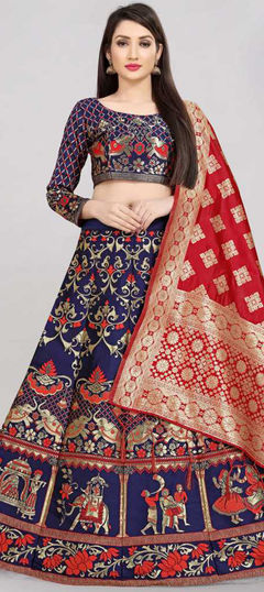 Blue color Lehenga in Banarasi Silk fabric with Printed, Weaving work
