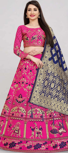 Pink and Majenta color Lehenga in Banarasi Silk fabric with Printed, Weaving work