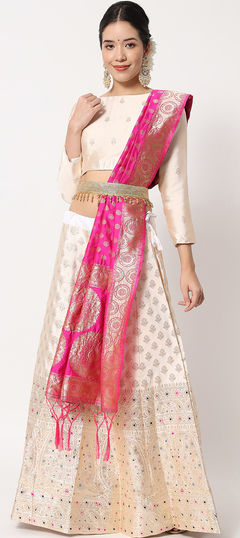 Beige and Brown color Lehenga in Banarasi Silk, Jacquard fabric with Weaving work