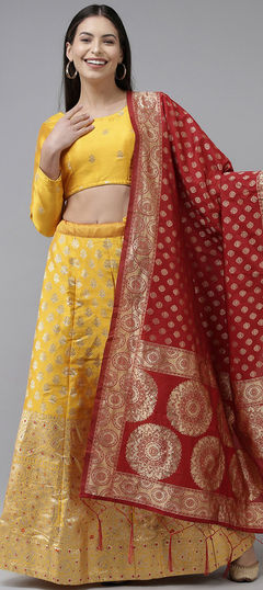 Yellow color Lehenga in Banarasi Silk, Jacquard fabric with Weaving work