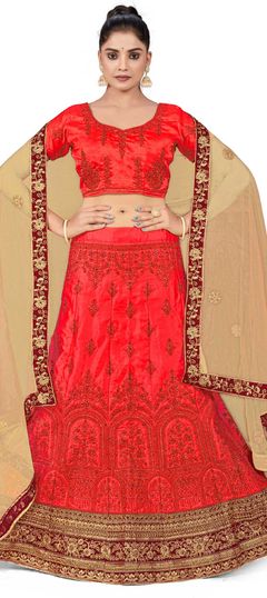 Red and Maroon color Lehenga in Satin Silk, Velvet fabric with Embroidered, Stone work