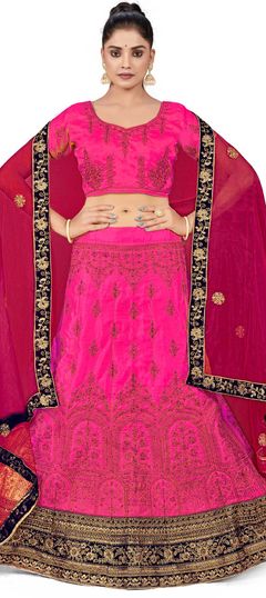 Pink and Majenta color Lehenga in Satin Silk, Velvet fabric with Embroidered, Stone work