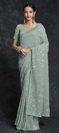 Green color Saree in Georgette fabric with Embroidered, Sequence, Thread work