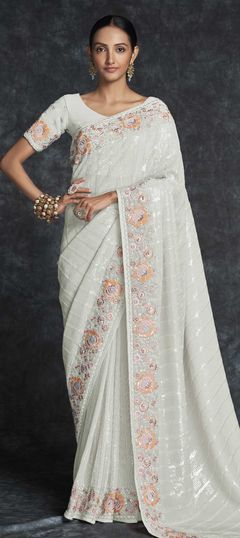 White and Off White color Saree in Georgette fabric with Embroidered, Sequence, Thread work