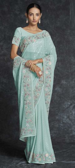 Blue color Saree in Georgette fabric with Embroidered, Sequence, Thread work