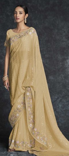 Yellow color Saree in Georgette fabric with Embroidered, Sequence, Thread work