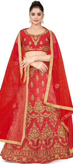 Festive, Reception Red and Maroon color Lehenga in Silk fabric with A Line Embroidered, Stone, Thread, Zari work : 1863289