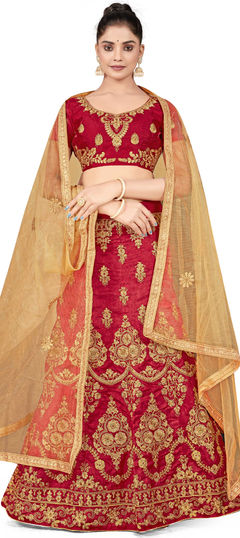 Festive, Reception Red and Maroon color Lehenga in Silk fabric with A Line Embroidered, Stone, Thread, Zari work : 1863291