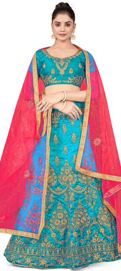 Festive, Reception Blue color Lehenga in Silk fabric with A Line Embroidered, Stone, Thread, Zari work : 1863293