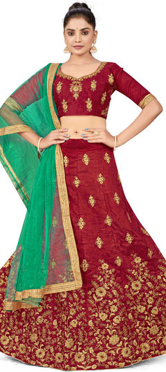 Red and Maroon color Lehenga in Silk fabric with Embroidered, Stone, Thread, Zari work