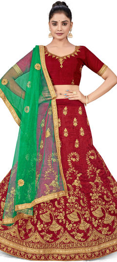 Red and Maroon color Lehenga in Art Silk fabric with Embroidered, Stone, Thread, Zari work
