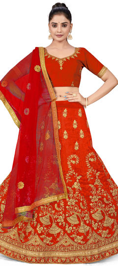 Festive, Reception Orange color Lehenga in Art Silk fabric with A Line Embroidered, Stone, Thread, Zari work : 1863336