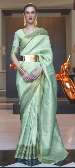 Green color Saree in Silk fabric with Weaving work