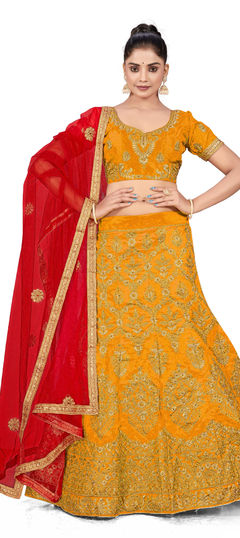 Yellow color Lehenga in Silk fabric with Embroidered, Stone, Thread, Zari work