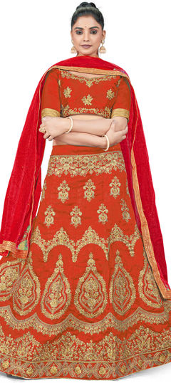 Orange color Lehenga in Art Silk fabric with Embroidered, Stone, Thread, Zari work