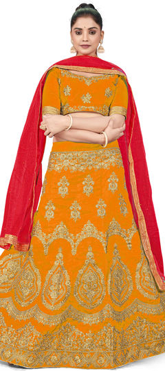 Yellow color Lehenga in Art Silk fabric with Embroidered, Stone, Thread, Zari work