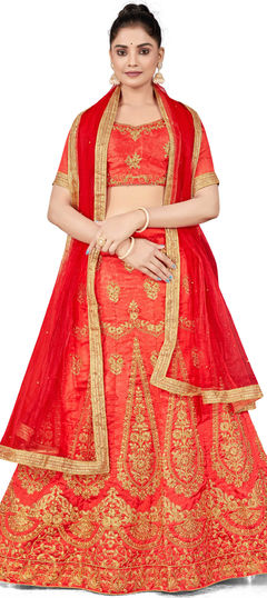 Orange color Lehenga in Art Silk fabric with Embroidered, Stone, Thread, Zari work