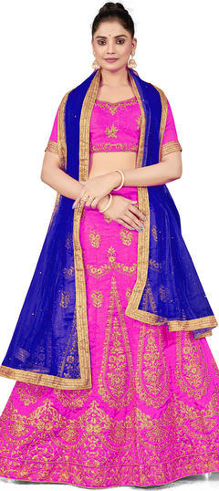 Pink and Majenta color Lehenga in Art Silk fabric with Embroidered, Stone, Thread, Zari work
