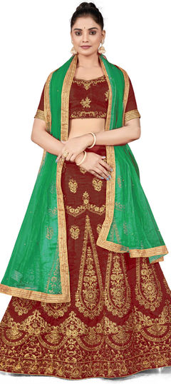 Red and Maroon color Lehenga in Art Silk fabric with Embroidered, Stone, Thread, Zari work