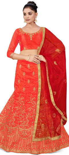 Orange color Lehenga in Art Silk fabric with Embroidered, Stone, Thread, Zari work