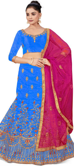 Blue color Lehenga in Art Silk fabric with Embroidered, Stone, Thread, Zari work