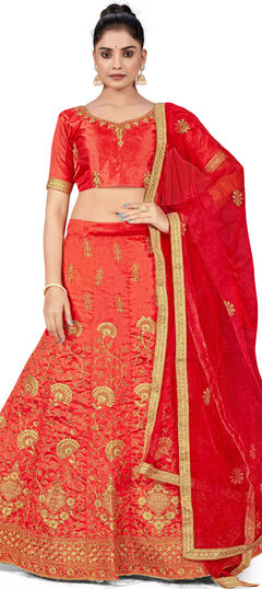 Orange color Lehenga in Art Silk fabric with Embroidered, Stone, Thread, Zari work