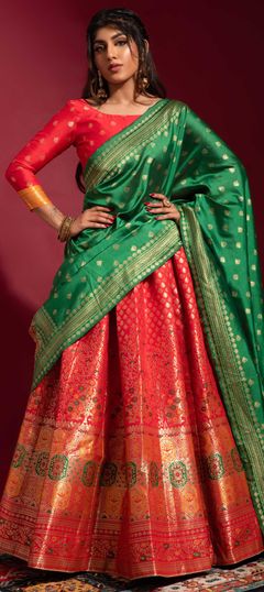 Red and Maroon color Lehenga in Banarasi Silk fabric with Weaving work