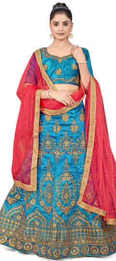 Blue color Lehenga in Art Silk fabric with Embroidered, Stone, Thread, Zari work