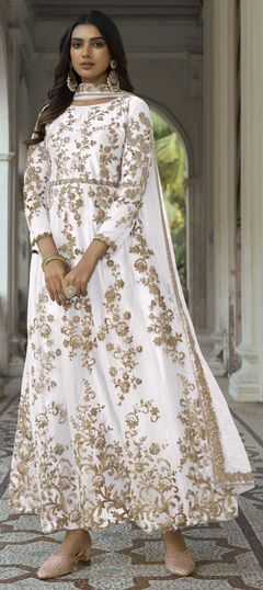 Party Wear, Reception White and Off White color Salwar Kameez in Net fabric with A Line Embroidered, Thread, Zari work : 1863556