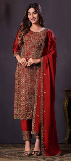 Red and Maroon color Salwar Kameez in Georgette fabric with Embroidered, Sequence, Thread work