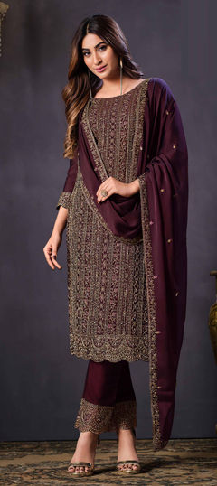 Purple and Violet color Salwar Kameez in Georgette fabric with Embroidered, Sequence, Thread work