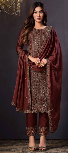 Beige and Brown color Salwar Kameez in Georgette fabric with Embroidered, Sequence, Thread work