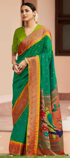 Green color Saree in Brasso fabric with Printed work