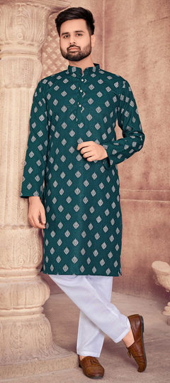 Blue color Kurta Pyjamas in Cotton fabric with Foil Print work : 1863795