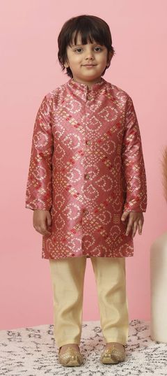 Pink and Majenta color Boys Kurta Pyjama in Cotton fabric with Bandhej, Printed work