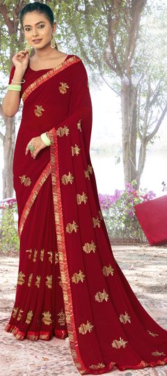 Red and Maroon color Saree in Georgette fabric with Border, Embroidered, Thread, Zari work