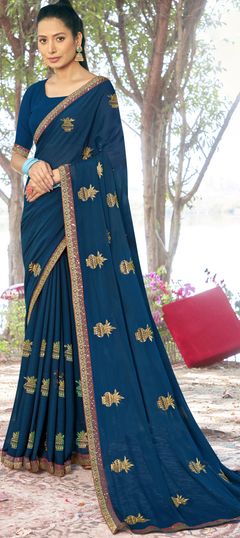 Blue color Saree in Georgette fabric with Border, Embroidered, Thread, Zari work