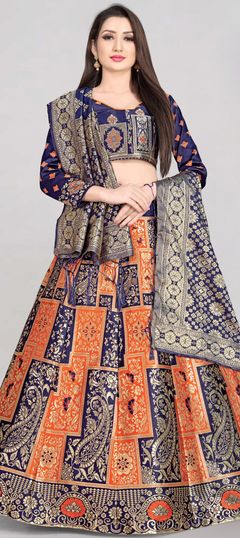 Festive, Reception Orange color Lehenga in Banarasi Silk fabric with A Line, Elbow Sleeve Weaving work : 1863867