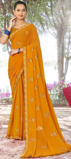 Yellow color Saree in Georgette fabric with Border, Embroidered, Thread, Zari work