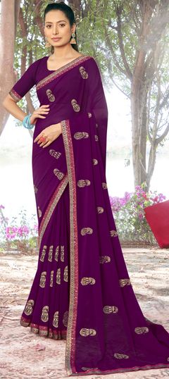 Purple and Violet color Saree in Georgette fabric with Border, Embroidered, Thread, Zari work