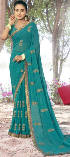 Blue color Saree in Georgette fabric with Border, Embroidered, Thread, Zari work