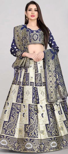 White and Off White color Lehenga in Banarasi Silk fabric with Weaving work