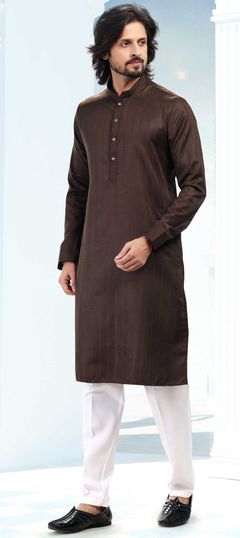 Beige and Brown color Kurta Pyjamas in Art Silk fabric with Thread work