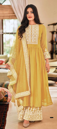 Yellow color Salwar Kameez in Georgette fabric with Embroidered, Sequence, Thread work