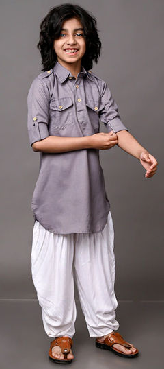 Black and Grey color Boys Kurta Pyjama in Dupion Silk fabric with Thread work