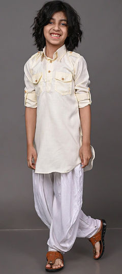 Beige and Brown color Boys Kurta Pyjama in Dupion Silk fabric with Thread work