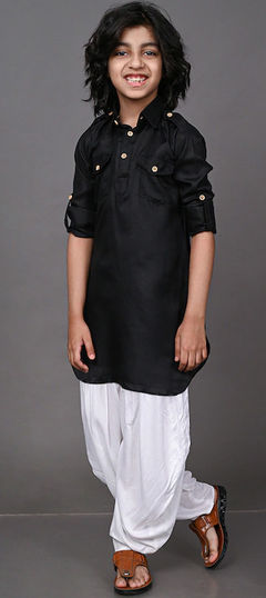 Black and Grey color Boys Kurta Pyjama in Dupion Silk fabric with Thread work