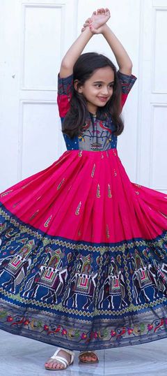 Blue, Pink and Majenta color Girls Gown in Art Silk fabric with Foil Print work