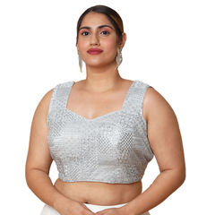 Silver color Blouse in Blended fabric with Embroidered, Thread work